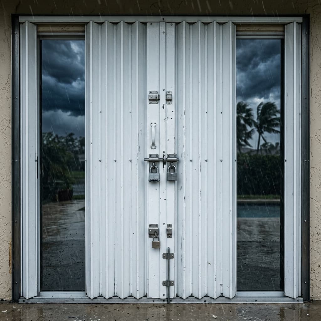 Accordion Shutters closed during storm