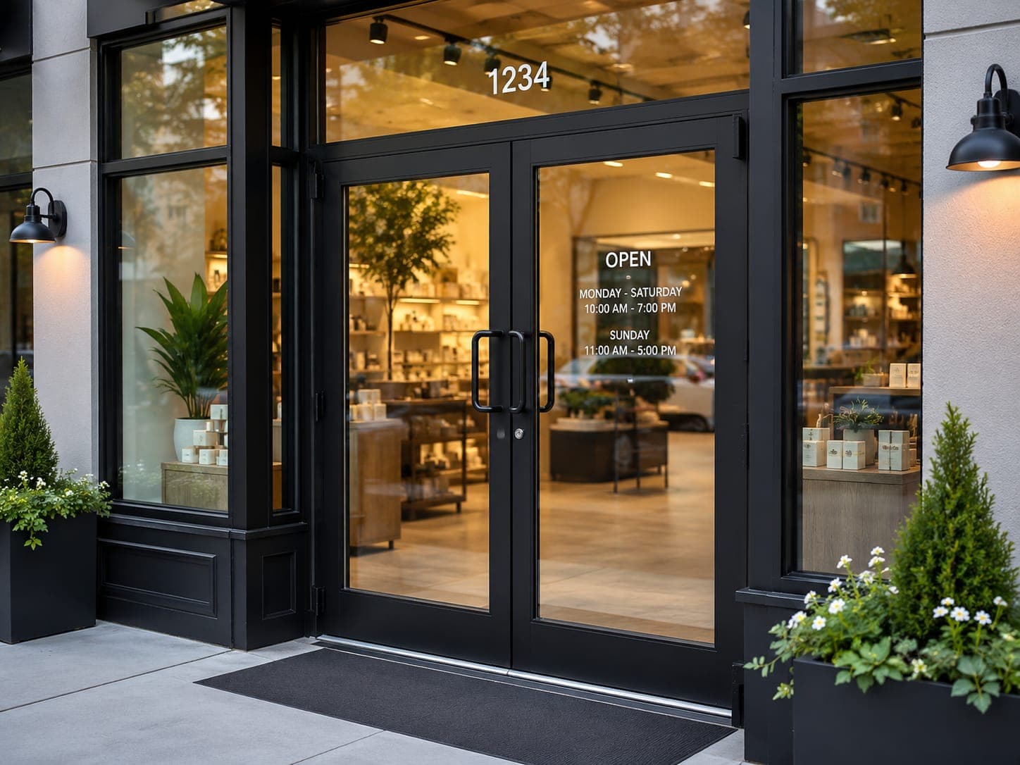 Omega technician repairing a commercial storefront door in Baldwin