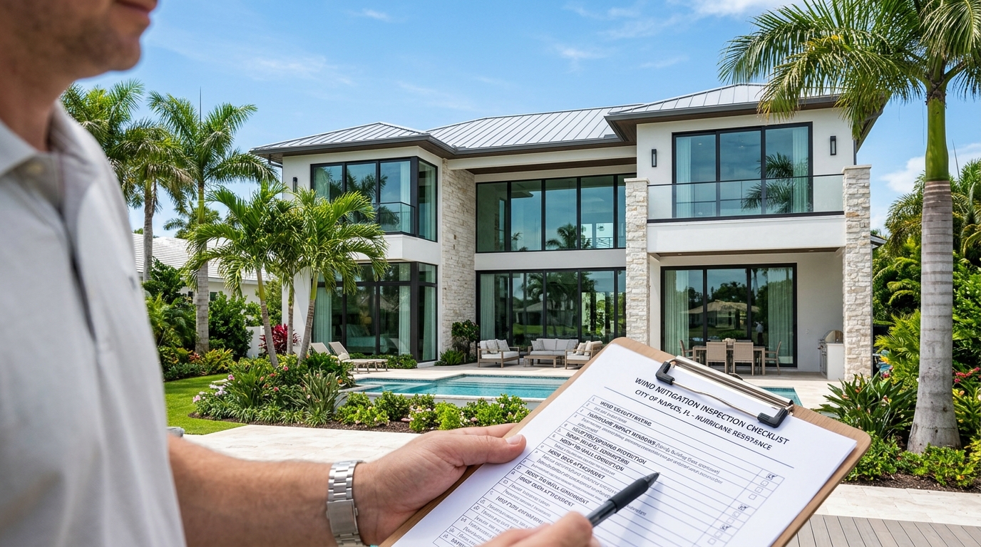 Florida single-family home with certified hurricane impact windows and wind mitigation inspection form